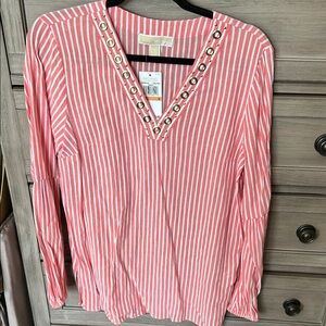 Michael Kors Pink and White Striped Blouse with Eyelet Accents